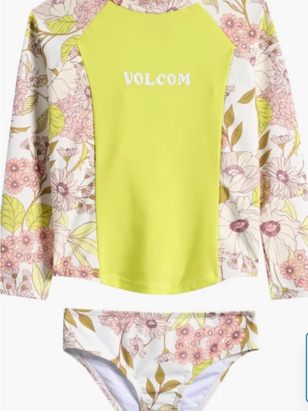 Volcom Lime and Floral Girls' Long Sleeve Rash Guard Swim Set